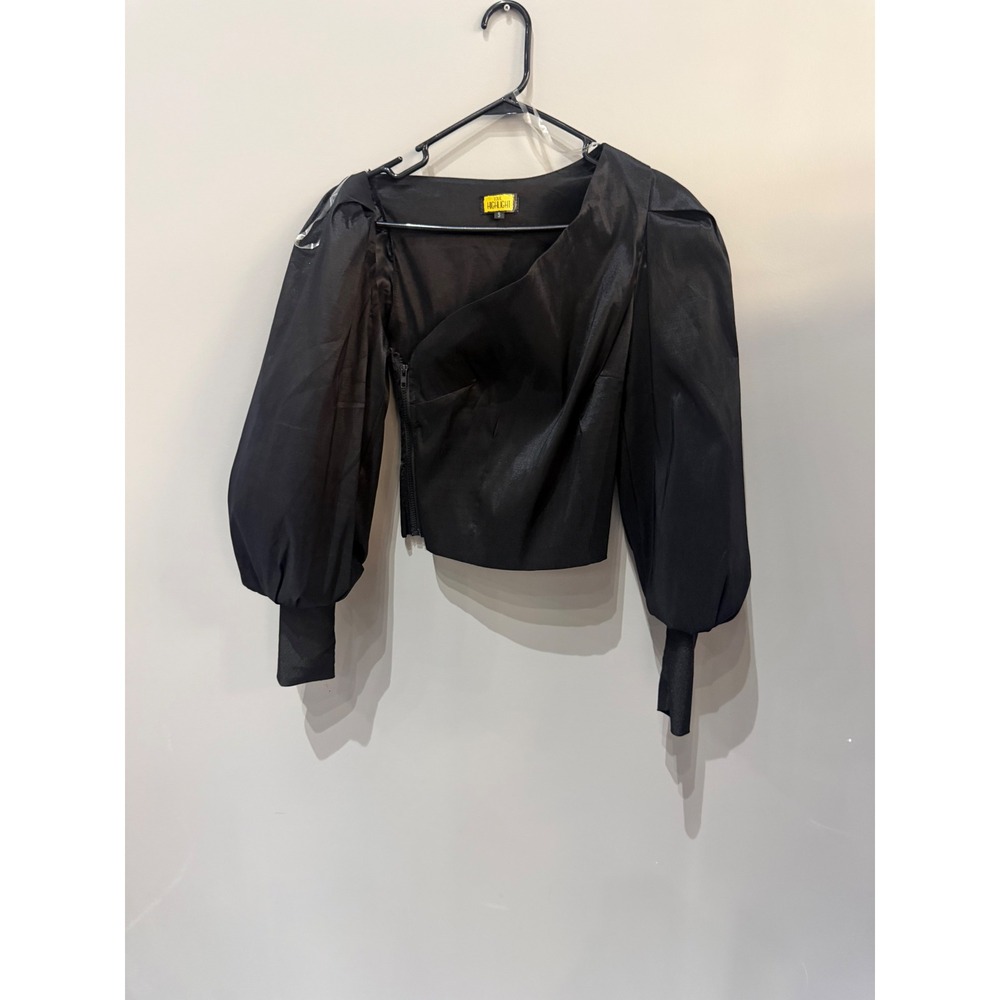 Love Highlight Black Puff Sleeve Crop Top Asymmetrical Wrap Smocked Back Small